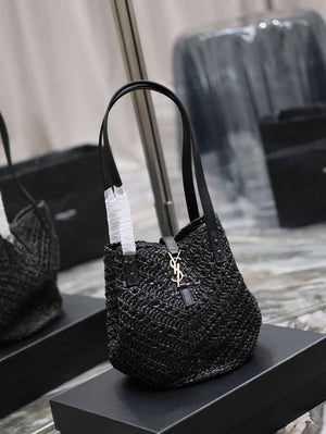 YSL 751240 Panier Small In Raffia And Vegetable-Tanned Leather Black - Default Title - View 10