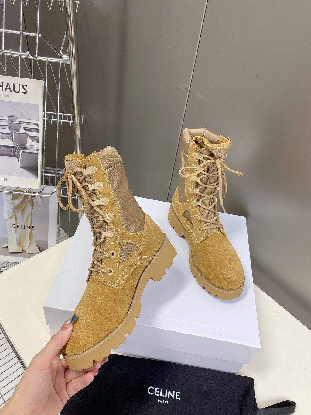 Celine Women Shoes Celine in Nucuck Laced up Boot 189044