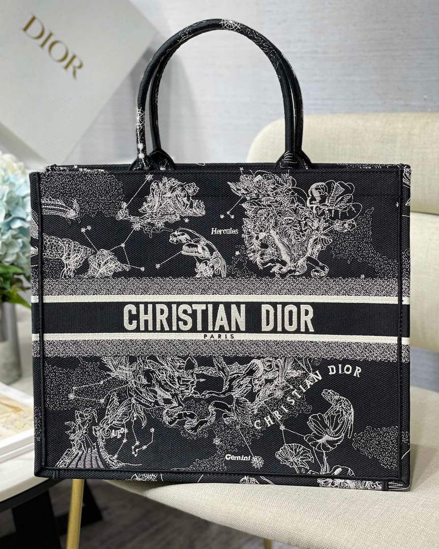 Dior M1286 Large Book Tote Black Toile de Jouy Zodiac latte embroidery - Default Title - View 1
