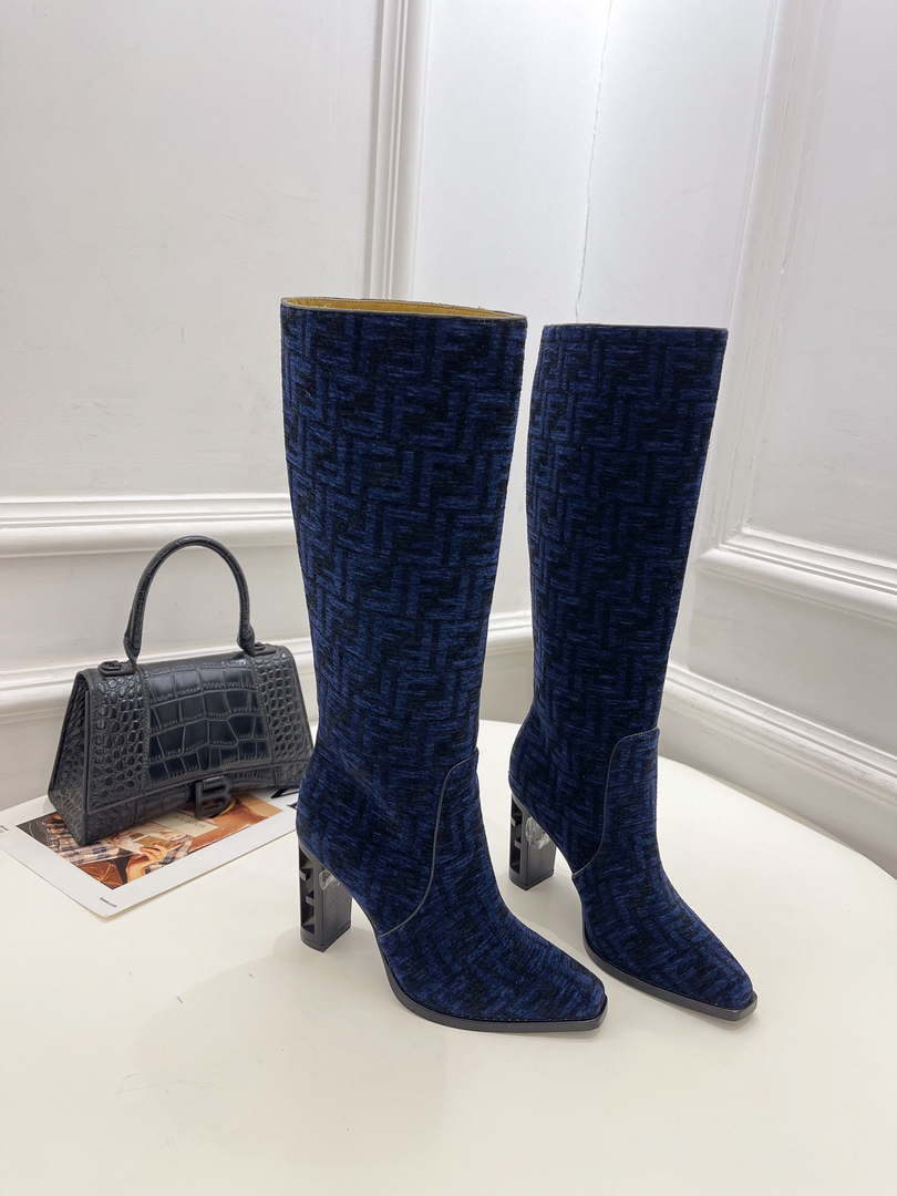Fendi Women Shoes 8W8348AKXOF1GAA Cut High-heeled blue FF chenille boots 191943 - 35 - View 1