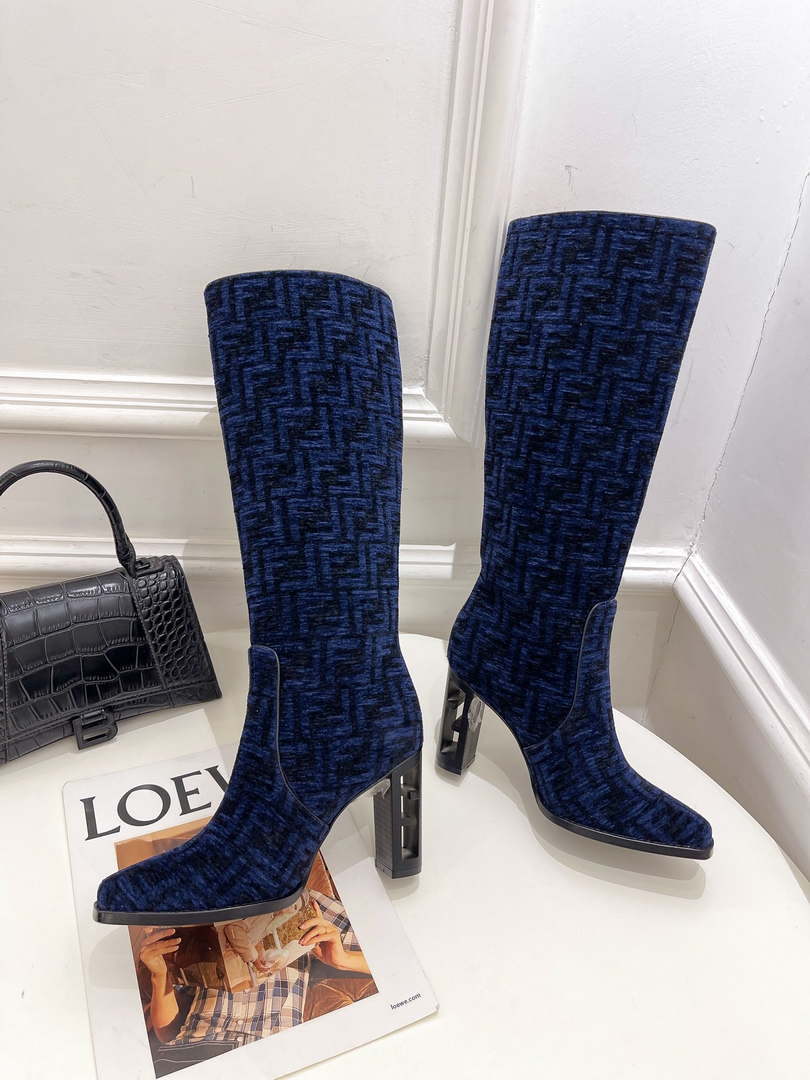 Fendi Women Shoes 8W8348AKXOF1GAA Cut High-heeled blue FF chenille boots 191943