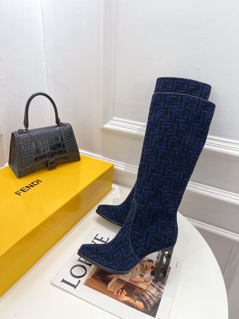 Fendi Women Shoes 8W8348AKXOF1GAA Cut High-heeled blue FF chenille boots 191943