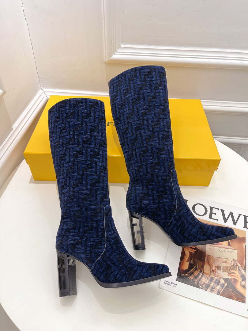 Fendi Women Shoes 8W8348AKXOF1GAA Cut High-heeled blue FF chenille boots 191943