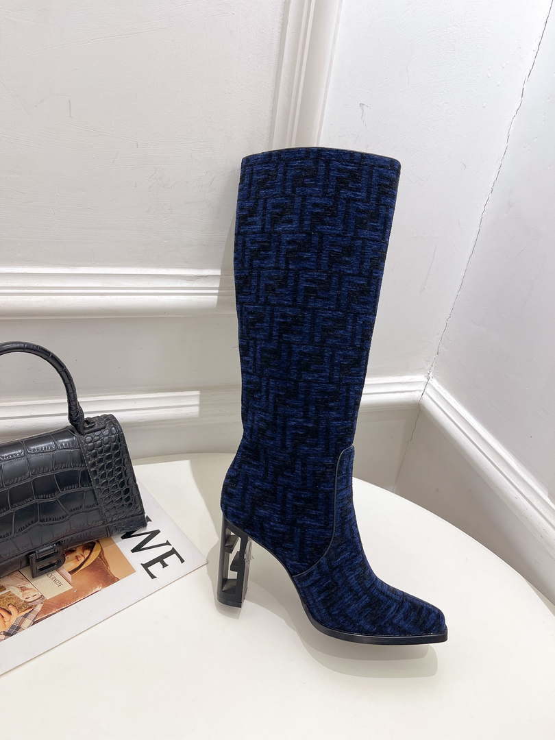 Fendi Women Shoes 8W8348AKXOF1GAA Cut High-heeled blue FF chenille boots 191943
