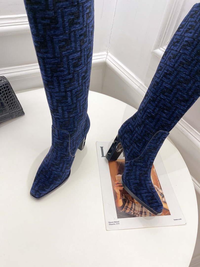 Fendi Women Shoes 8W8348AKXOF1GAA Cut High-heeled blue FF chenille boots 191943