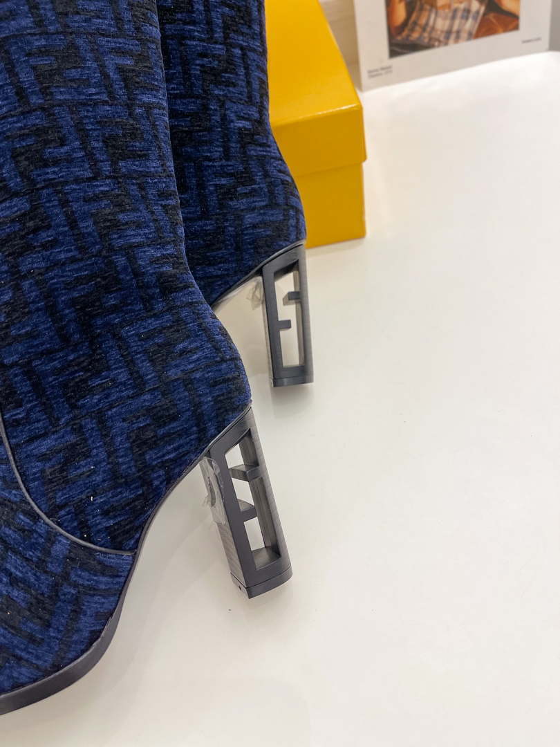 Fendi Women Shoes 8W8348AKXOF1GAA Cut High-heeled blue FF chenille boots 191943