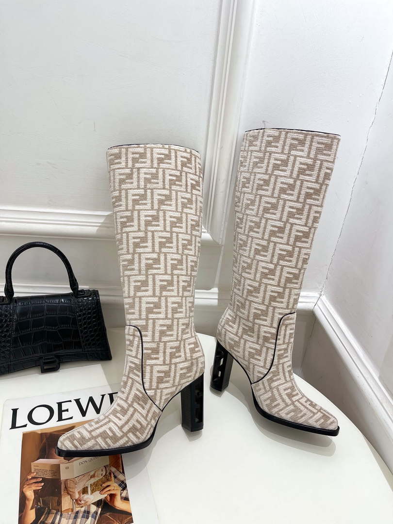Fendi Women Shoes 8W8348AKXOF1GAA Cut High-heeled blue FF chenille boots 191944