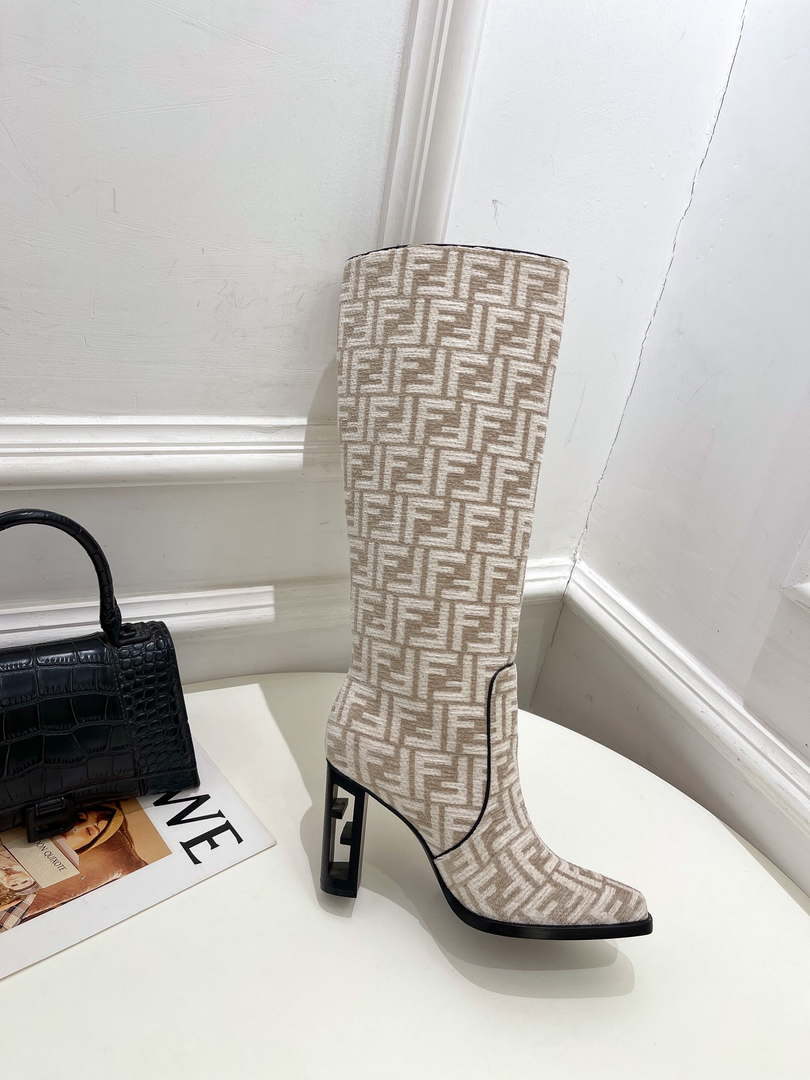 Fendi Women Shoes 8W8348AKXOF1GAA Cut High-heeled blue FF chenille boots 191944