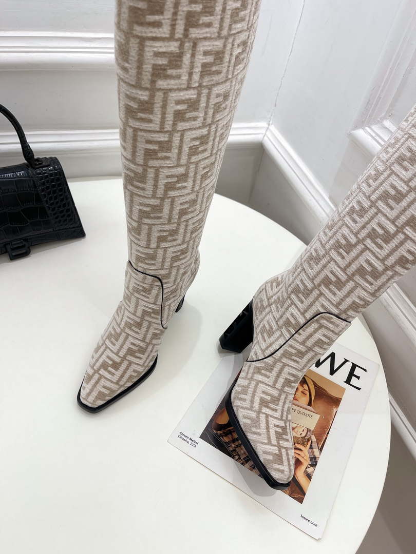 Fendi Women Shoes 8W8348AKXOF1GAA Cut High-heeled blue FF chenille boots 191944
