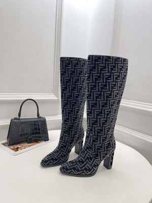 Fendi Women Shoes 8W8348AKXOF1GAA Cut High-heeled blue FF chenille boots 191945 - 35 - View 1