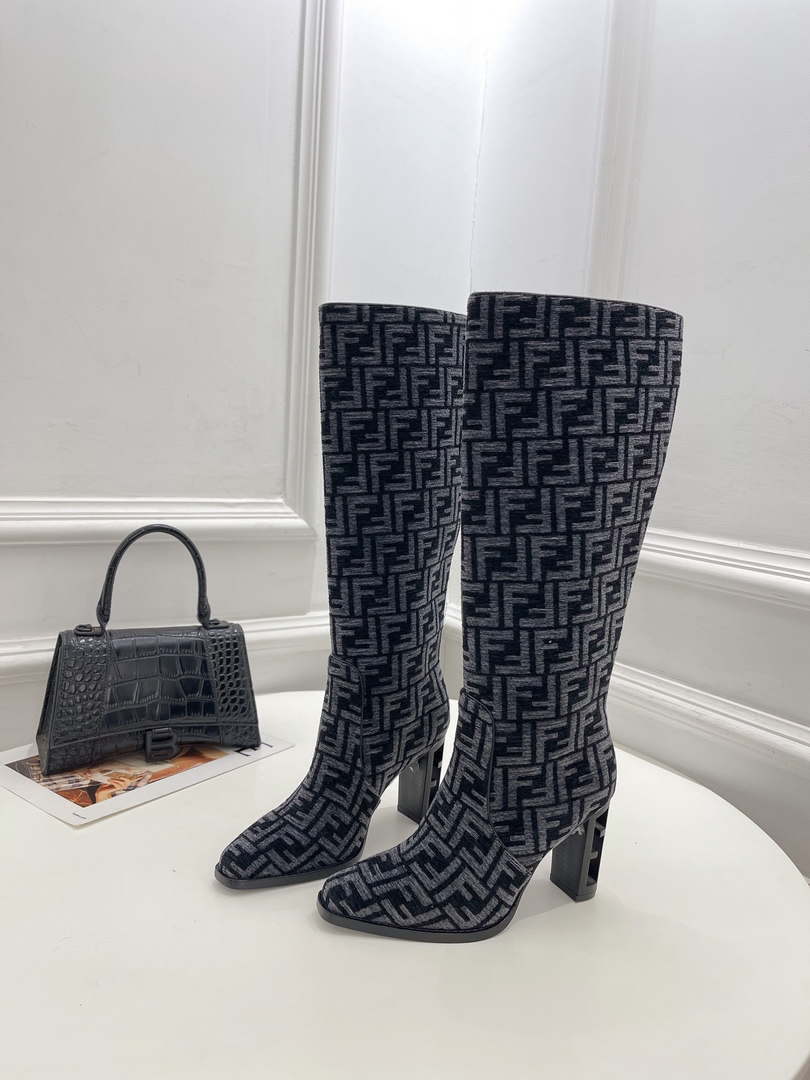 Fendi Women Shoes 8W8348AKXOF1GAA Cut High-heeled blue FF chenille boots 191945 - 35 - View 1