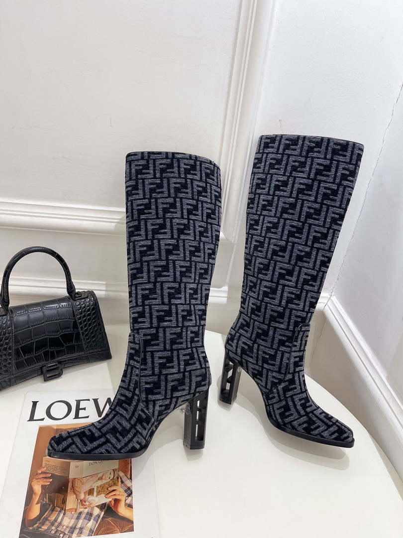 Fendi Women Shoes 8W8348AKXOF1GAA Cut High-heeled blue FF chenille boots 191945
