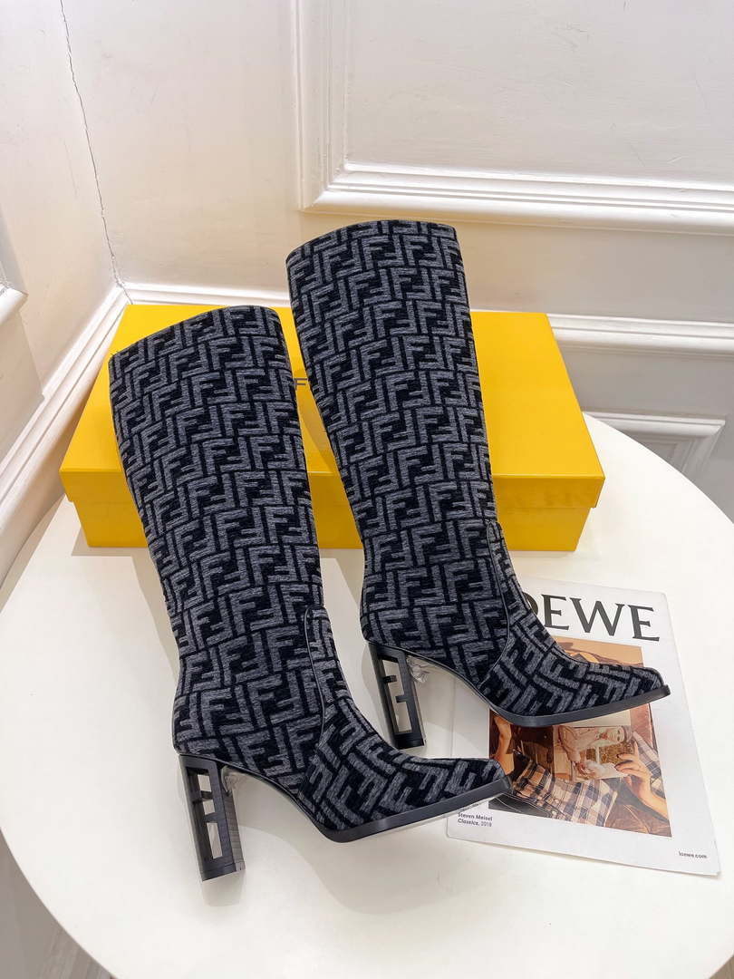 Fendi Women Shoes 8W8348AKXOF1GAA Cut High-heeled blue FF chenille boots 191945