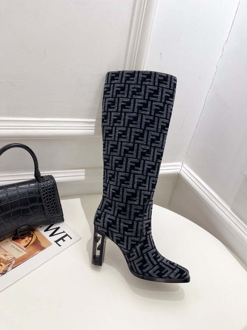Fendi Women Shoes 8W8348AKXOF1GAA Cut High-heeled blue FF chenille boots 191945