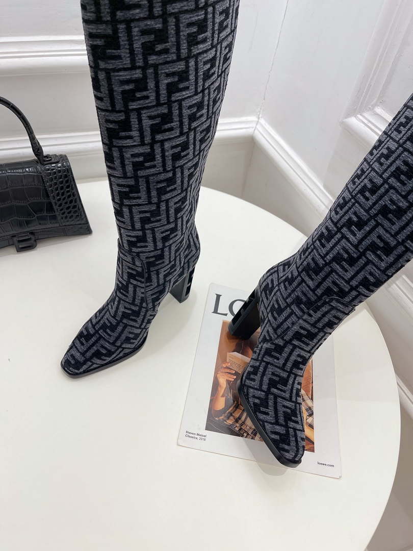Fendi Women Shoes 8W8348AKXOF1GAA Cut High-heeled blue FF chenille boots 191945