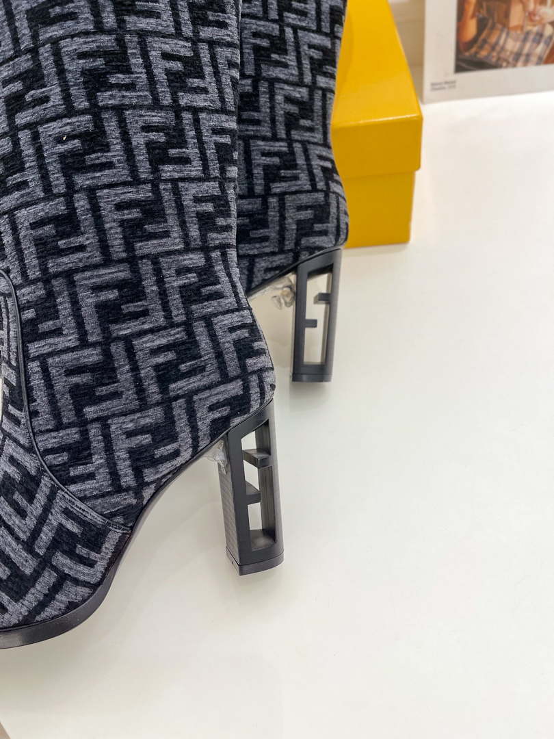 Fendi Women Shoes 8W8348AKXOF1GAA Cut High-heeled blue FF chenille boots 191945