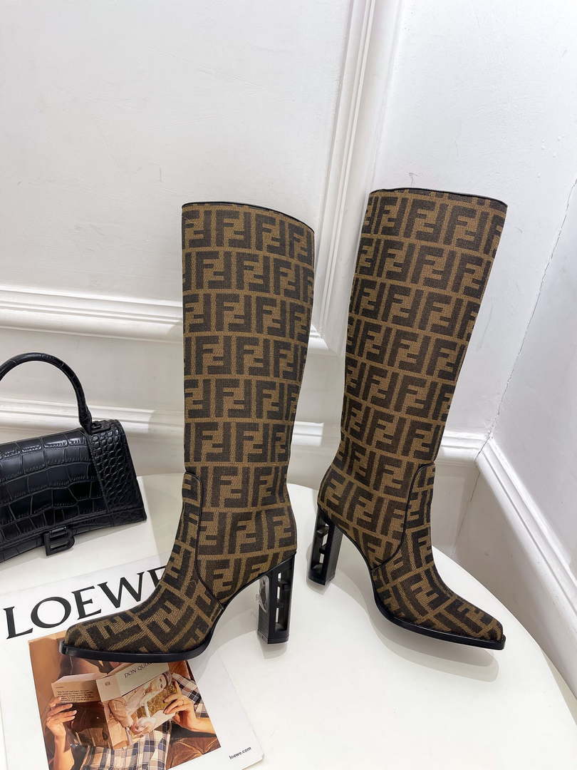 Fendi Women Shoes 8W8348AKXOF1GAA Cut High-heeled blue FF chenille boots 191946