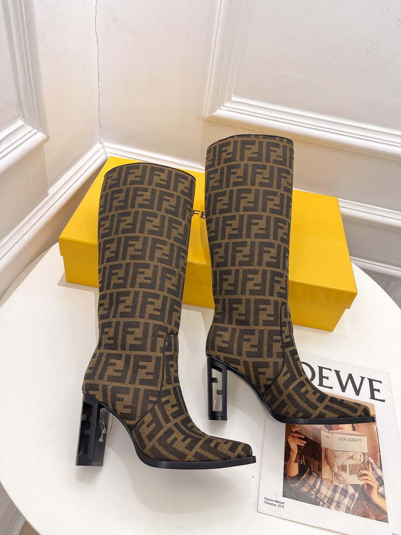 Fendi Women Shoes 8W8348AKXOF1GAA Cut High-heeled blue FF chenille boots 191946