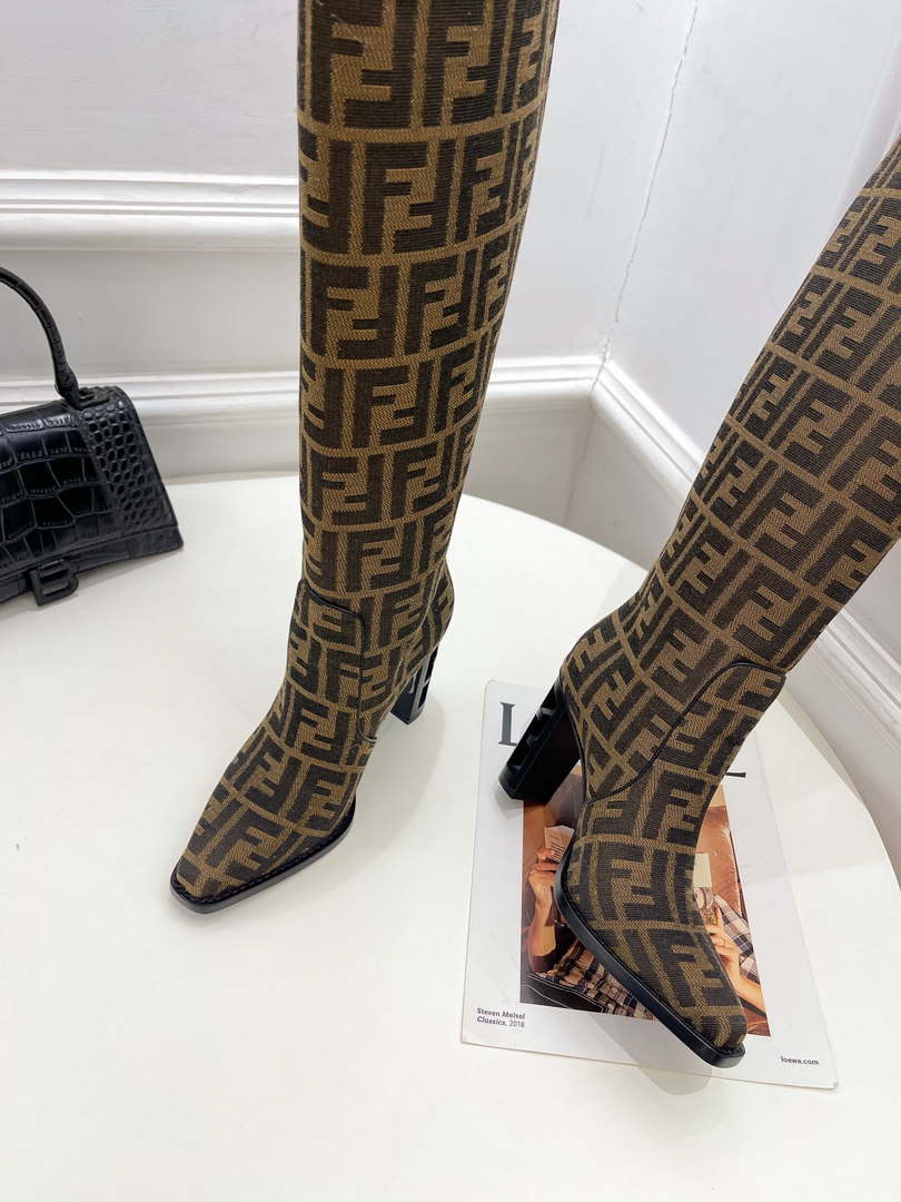 Fendi Women Shoes 8W8348AKXOF1GAA Cut High-heeled blue FF chenille boots 191946