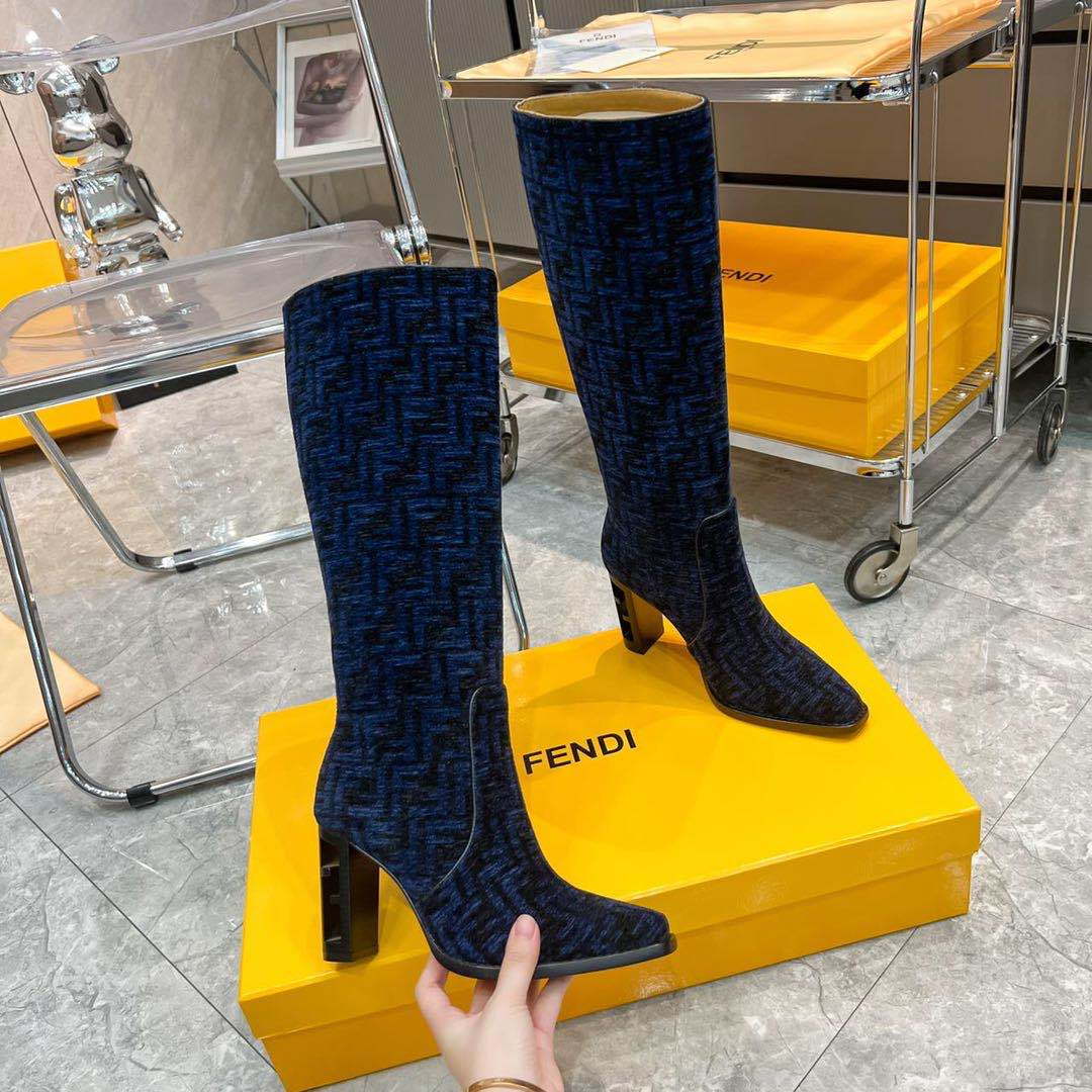 Fendi Women Shoes 8W8348AKXOF1GAA Cut High-heeled blue FF chenille boots 192523