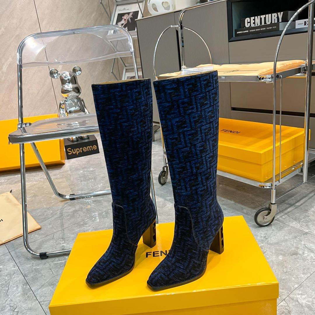 Fendi Women Shoes 8W8348AKXOF1GAA Cut High-heeled blue FF chenille boots 192523