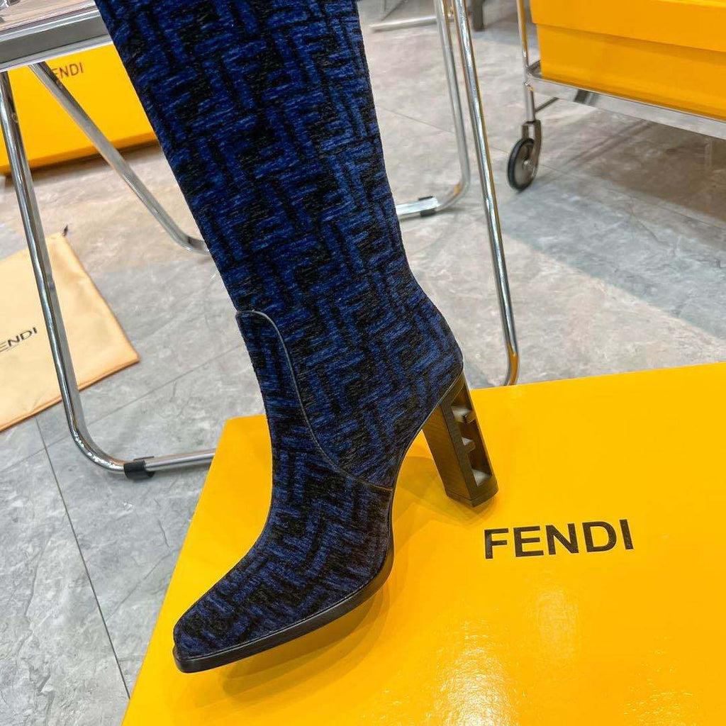 Fendi Women Shoes 8W8348AKXOF1GAA Cut High-heeled blue FF chenille boots 192523