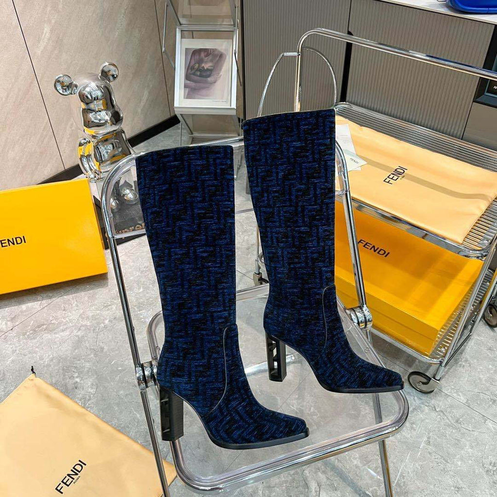 Fendi Women Shoes 8W8348AKXOF1GAA Cut High-heeled blue FF chenille boots 192523