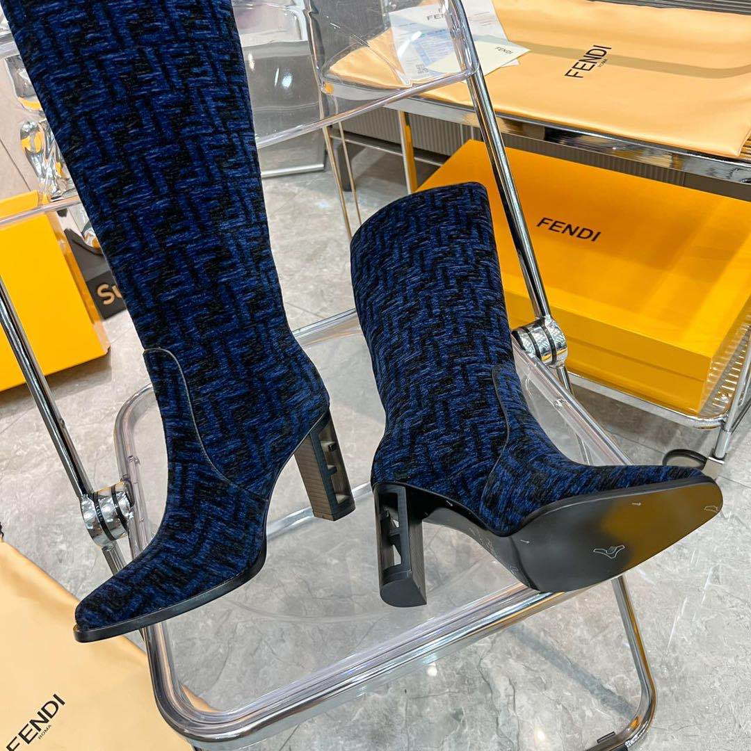 Fendi Women Shoes 8W8348AKXOF1GAA Cut High-heeled blue FF chenille boots 192523
