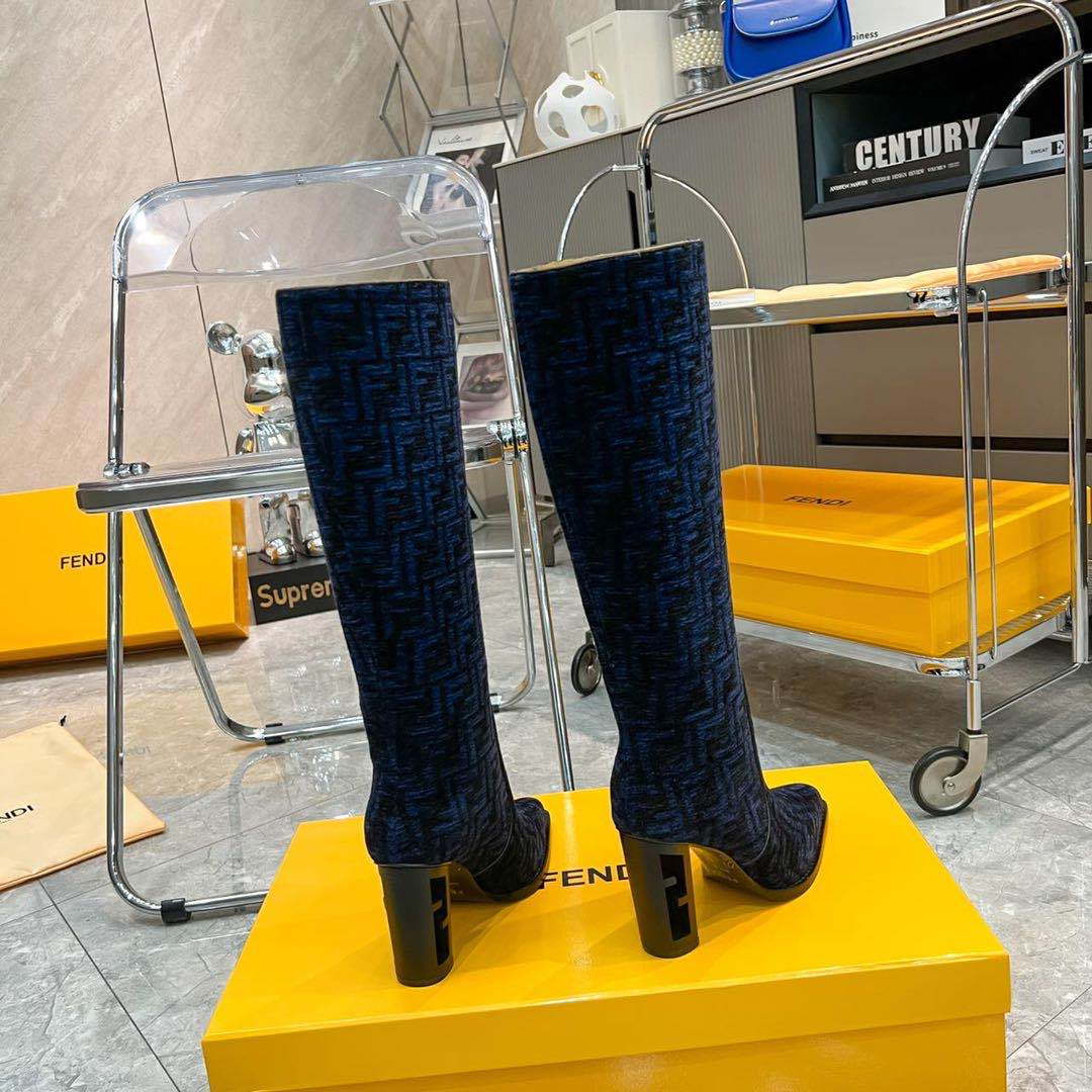 Fendi Women Shoes 8W8348AKXOF1GAA Cut High-heeled blue FF chenille boots 192523