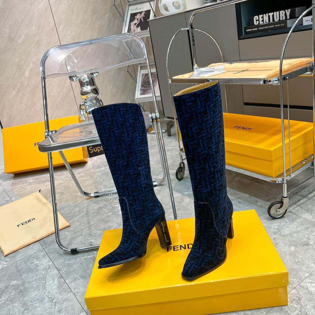 Fendi Women Shoes 8W8348AKXOF1GAA Cut High-heeled blue FF chenille boots 192523 - 35 - View 1