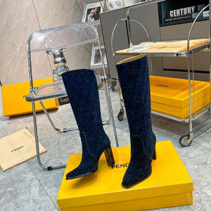 Fendi Women Shoes 8W8348AKXOF1GAA Cut High-heeled blue FF chenille boots 192523 - 35 - View 1
