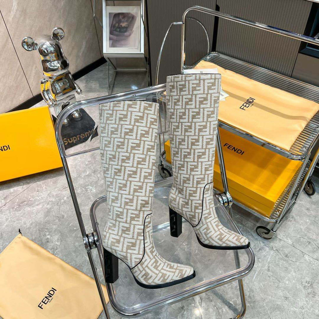 Fendi Women Shoes 8W8348AKXOF1GAA Cut High-heeled blue FF chenille boots 192524