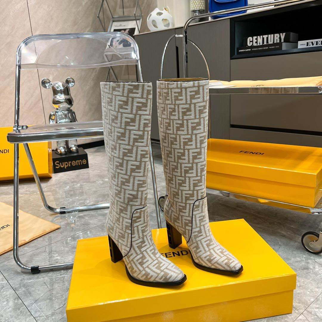 Fendi Women Shoes 8W8348AKXOF1GAA Cut High-heeled blue FF chenille boots 192524