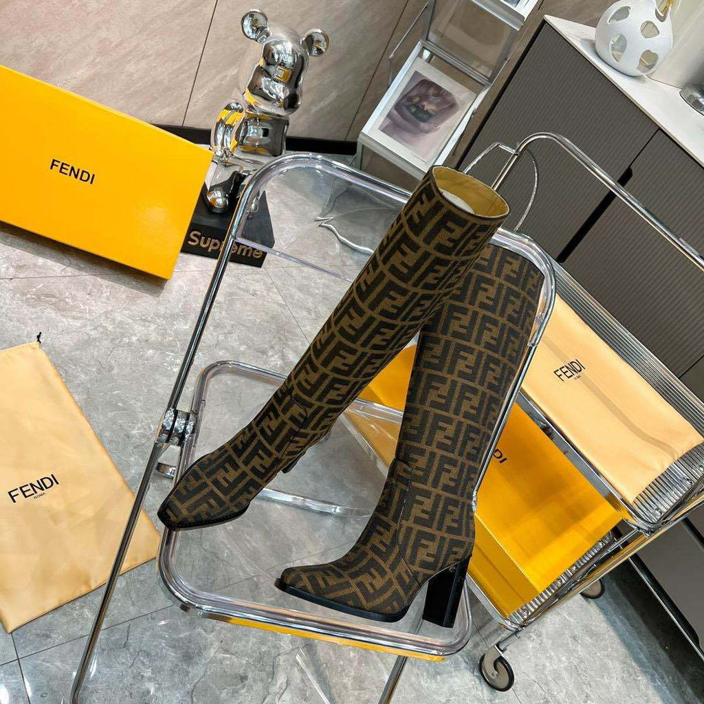 Fendi Women Shoes 8W8348AKXOF1GAA Cut High-heeled blue FF chenille boots 192525