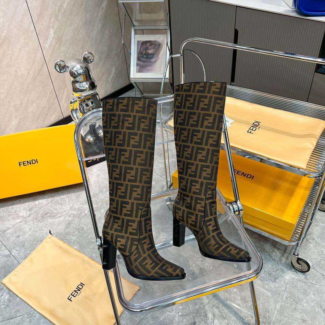 Fendi Women Shoes 8W8348AKXOF1GAA Cut High-heeled blue FF chenille boots 192525