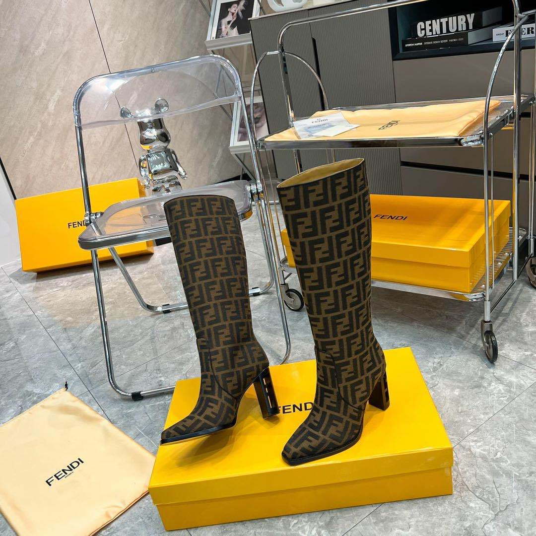 Fendi Women Shoes 8W8348AKXOF1GAA Cut High-heeled blue FF chenille boots 192525