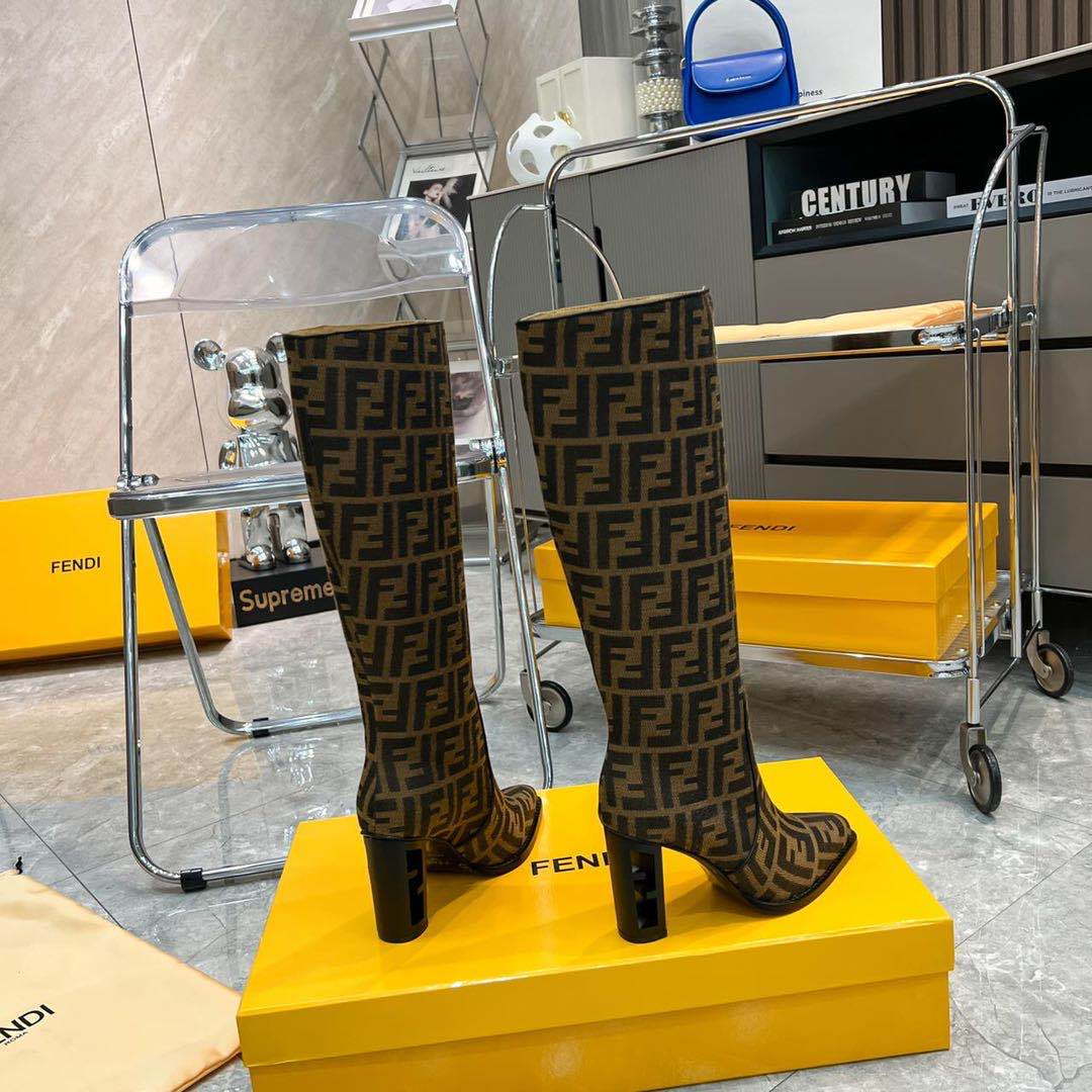 Fendi Women Shoes 8W8348AKXOF1GAA Cut High-heeled blue FF chenille boots 192525