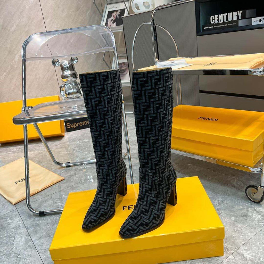 Fendi Women Shoes 8W8348AKXOF1GAA Cut High-heeled blue FF chenille boots 192526