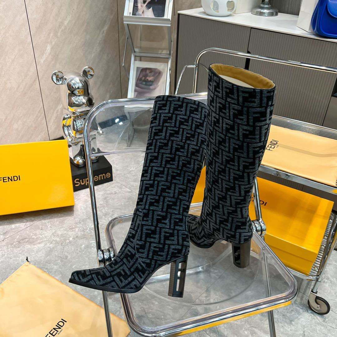 Fendi Women Shoes 8W8348AKXOF1GAA Cut High-heeled blue FF chenille boots 192526