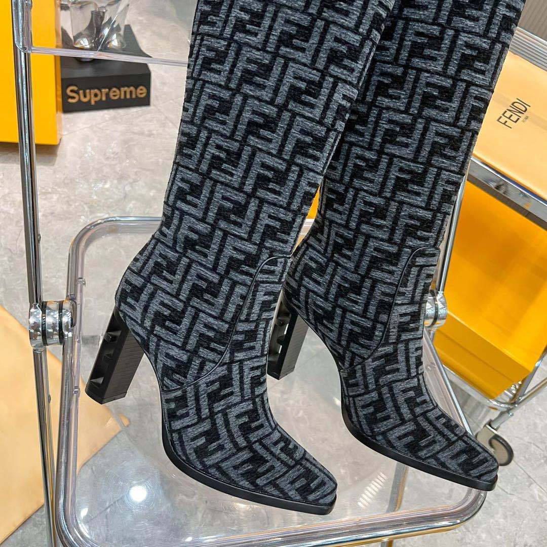 Fendi Women Shoes 8W8348AKXOF1GAA Cut High-heeled blue FF chenille boots 192526