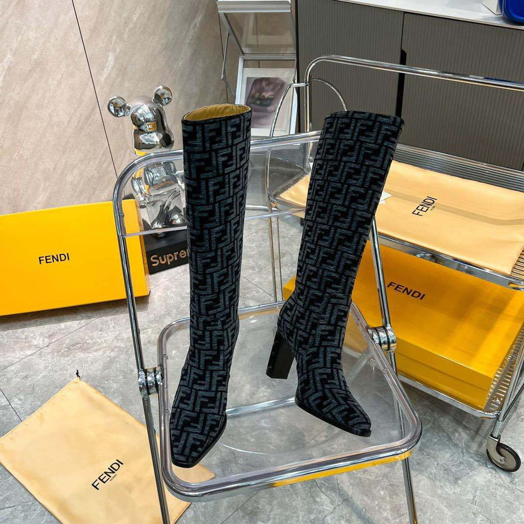 Fendi Women Shoes 8W8348AKXOF1GAA Cut High-heeled blue FF chenille boots 192526