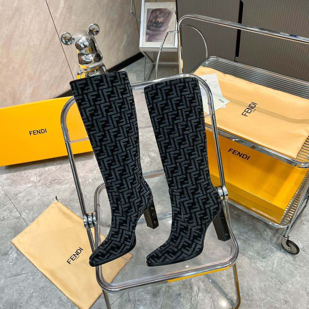 Fendi Women Shoes 8W8348AKXOF1GAA Cut High-heeled blue FF chenille boots 192526 - 35 - View 2