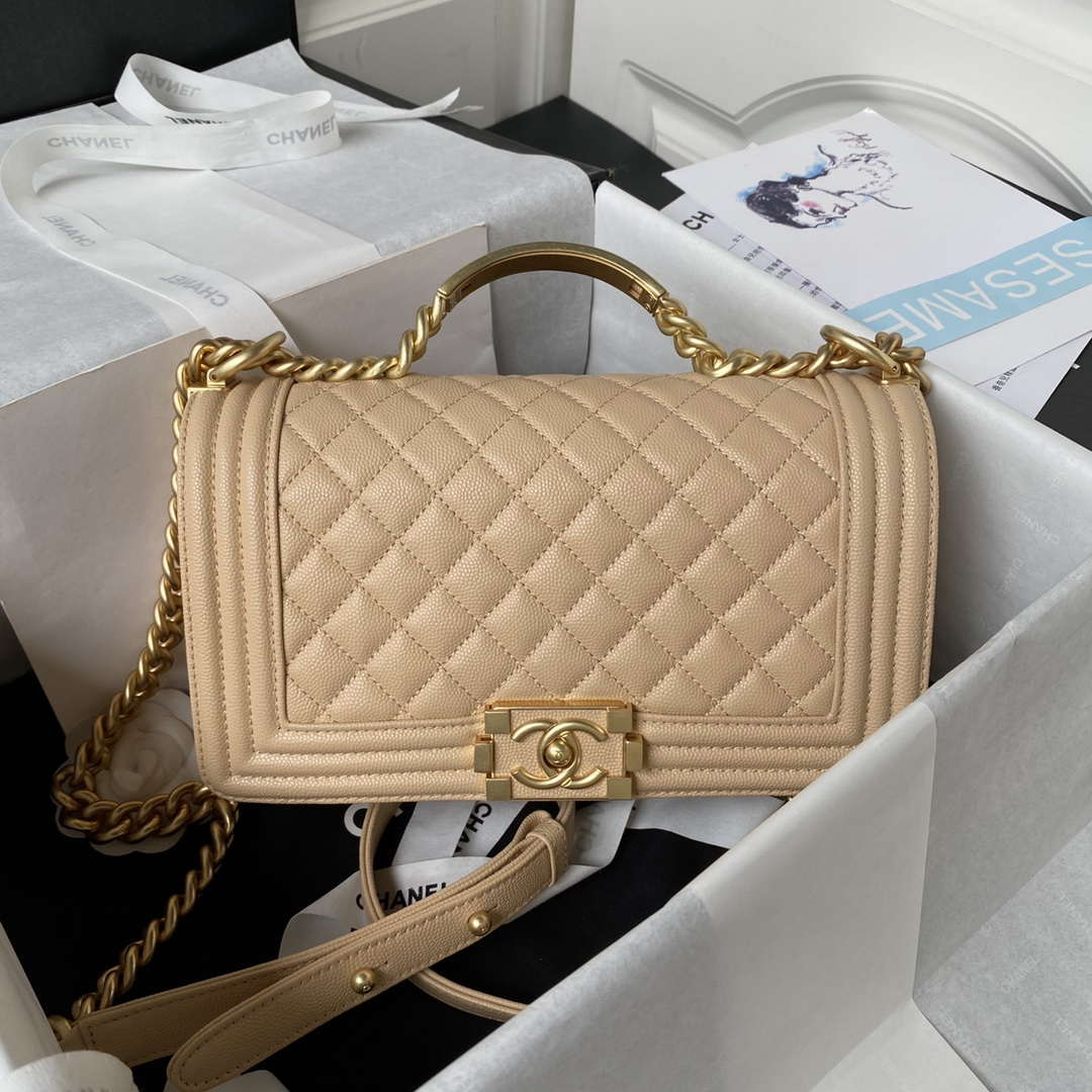 Chanel A94804 Boy Chanel Flap Bag With Handle Grained Shiny Calfskin Gold Tone Metal Beige - Default Title - View 1