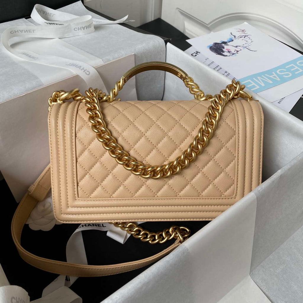 Chanel A94804 Boy Chanel Flap Bag With Handle Grained Shiny Calfskin Gold Tone Metal Beige