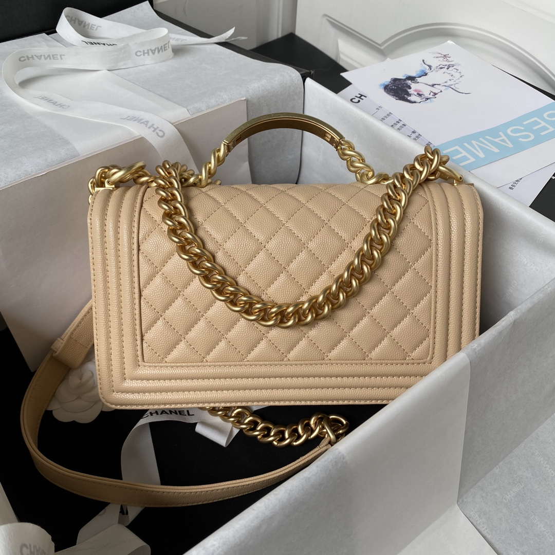 Chanel A94804 Boy Chanel Flap Bag With Handle Grained Shiny Calfskin Gold Tone Metal Beige - Default Title - View 2