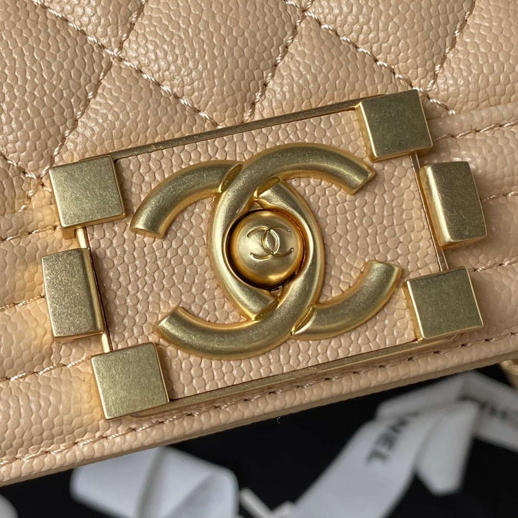 Chanel A94804 Boy Chanel Flap Bag With Handle Grained Shiny Calfskin Gold Tone Metal Beige