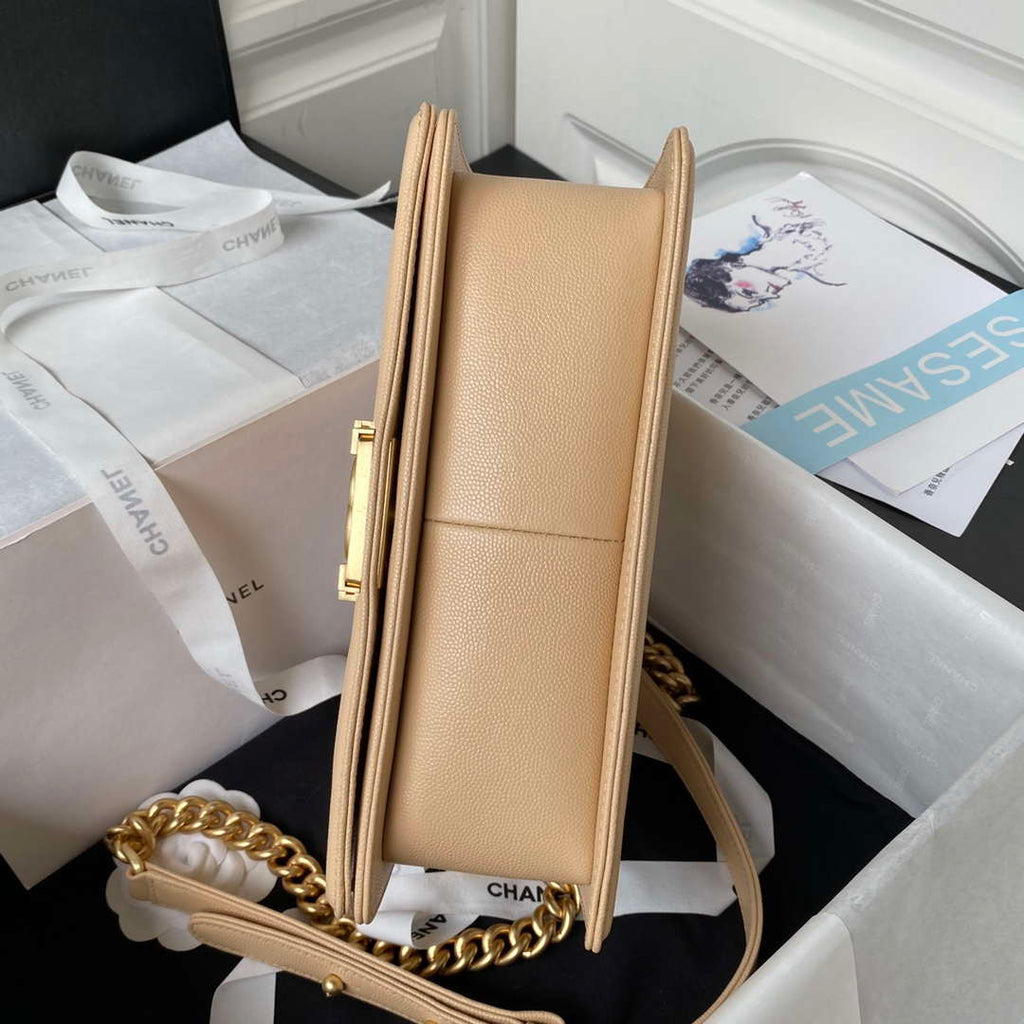 Chanel A94804 Boy Chanel Flap Bag With Handle Grained Shiny Calfskin Gold Tone Metal Beige