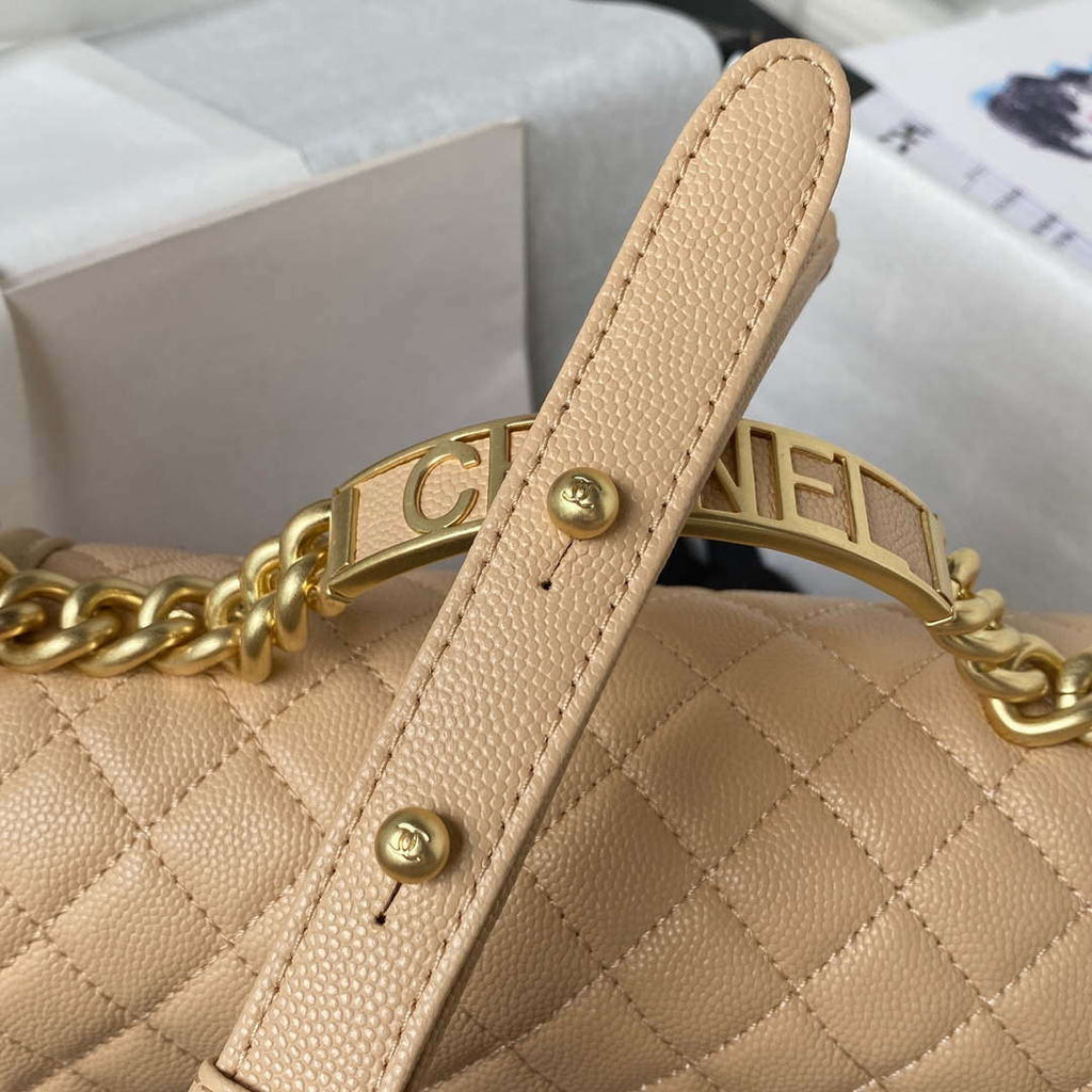 Chanel A94804 Boy Chanel Flap Bag With Handle Grained Shiny Calfskin Gold Tone Metal Beige