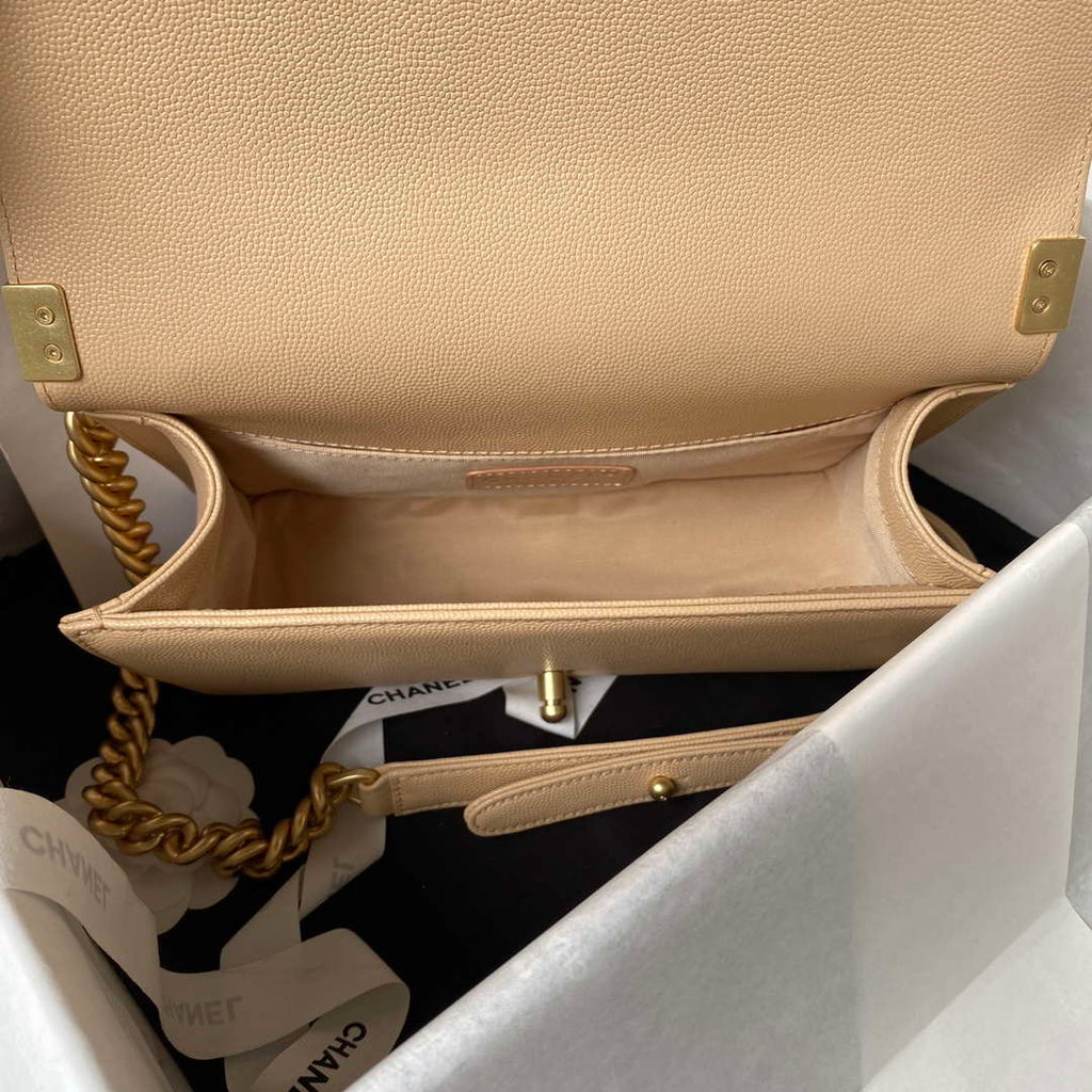 Chanel A94804 Boy Chanel Flap Bag With Handle Grained Shiny Calfskin Gold Tone Metal Beige