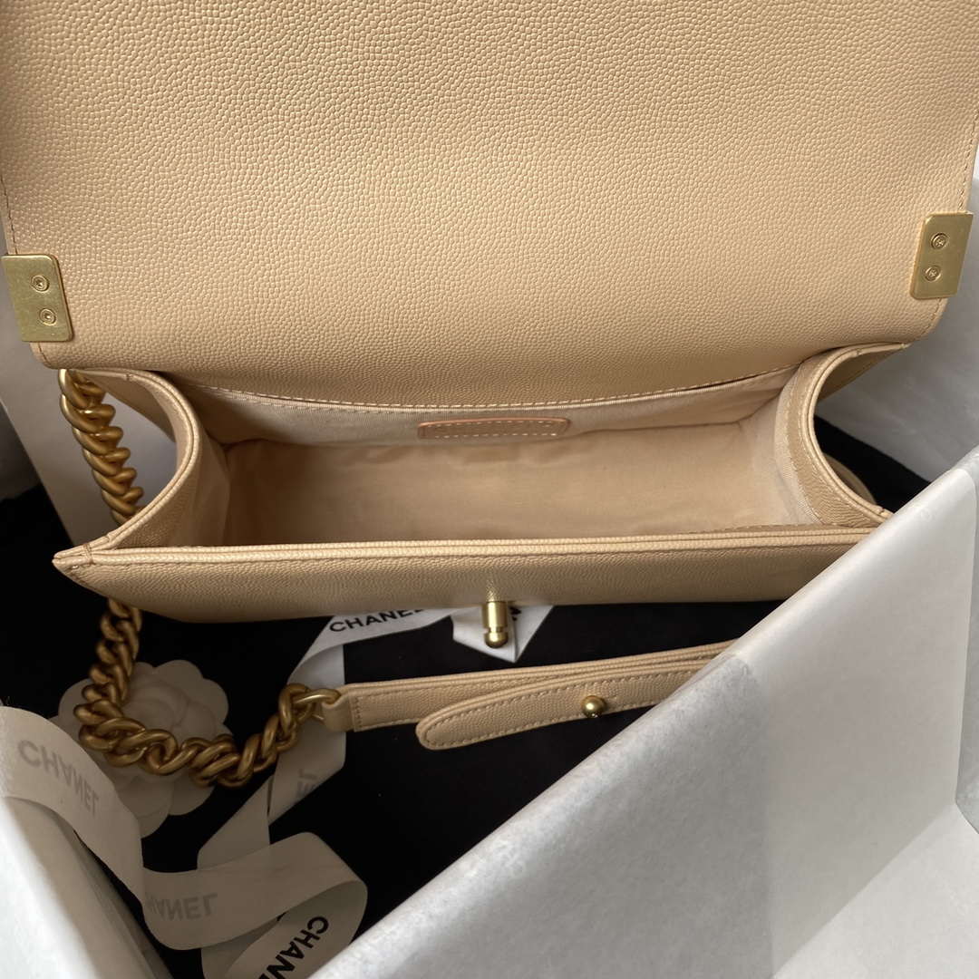 Chanel A94804 Boy Chanel Flap Bag With Handle Grained Shiny Calfskin Gold Tone Metal Beige